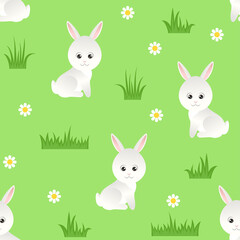 White cute hare in a green meadow. Seamless pattern with funny cartoon rabbits, grass and flower daisy. Vector illustration of bunny. Kids style.