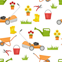Gardening seamless pattern on white background. Vector bright color illustration of garden tools, potted flowers and green grass isolated on white background. Cartoon flat style.