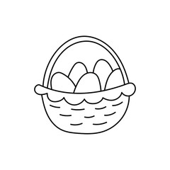 Easter doodle, painted eggs in a festive basket, linear vector illustration. hand drawn style symbols and objects, simple, black drawing for sticker, Easter Egg, decor, postcards, icons, coloring page