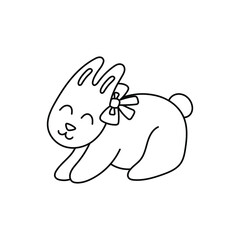 doodle with an Easter bunny. Linear vector illustration of a hare with a bow. hand drawn style symbols and objects . simple, black animal drawing for sticker, decor, postcard, icon, coloring page