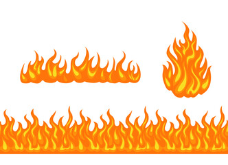 Vector fire set. Cartoon bonfire, horizontal flame and seamless border isolated on white background. Simple flat illustration.