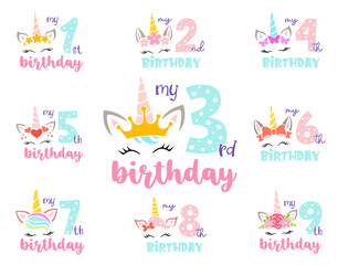 Unicorn birthday numbers for girl. Set of girly unicorn face with flower, crown. star, bow, butterfly, heart and the inscription my first birthday. Funny baby print. Kids birthday party. © Ansty art