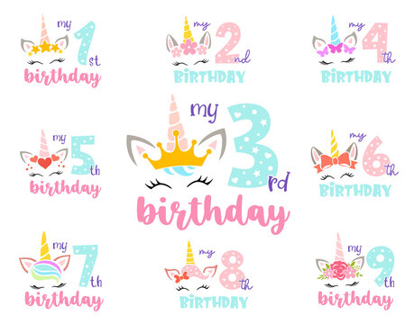 Unicorn birthday numbers for girl. Set of girly unicorn face with flower, crown. star, bow, butterfly, heart and the inscription my first birthday. Funny baby print. Kids birthday party.
