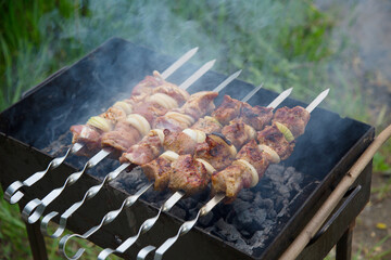 Spits with pieces of meat on the grill over hot coals, close-up top view