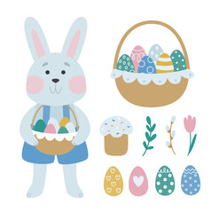 Happy Easter. A collection of vector Easter illustrations with a gray rabbit laying eggs in a basket. Cute holiday design for Sticker, Postcard, Decor in Pastel colors