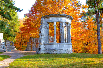 Fall colours behind the Abbey Ruins at the MacKenzie King Estate in Gatineau Park