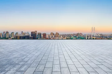 Papier Peint photo Pont de Nanpu Empty square floor and Shanghai skyline with buildings at dusk,China.High angle view.