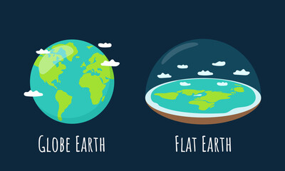 Flat Earth theory. Flat Earth and globe in space. Vector illustration
