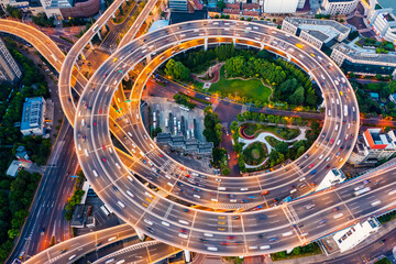Aerial view of Nanpu Bridge at night in Shanghai,China.