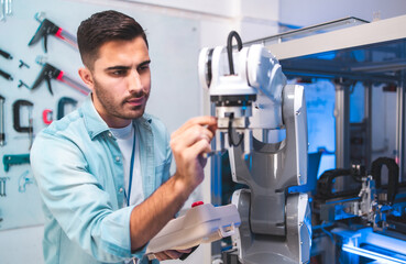 Male Engineers Maintenance Robot Arm at Lab. he are in a High Tech Research Laboratory with Modern Equipment.Professional Japanese Development Engineer is Testing an Artificial Intelligence.