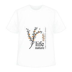 T-shirt mockup, elements of nature. White T-shirt with floral print, life, nature. Making a print on clothes.