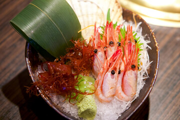 AMAEBI, sweet shrimp or spot prawns, served on ice with red algae seaweed, green tosaka nori and...