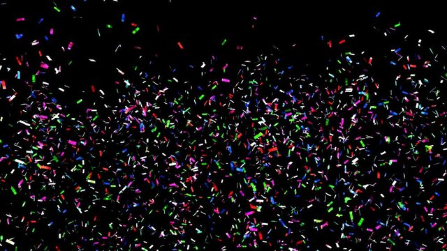 Realistic 3D animation of the colorful confetti falling down rendered in UHD as PNG RGBA. RGB plus Alpha. Transparent background.