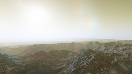 Exoplanet fantastic landscape. Beautiful views of the mountains and sky with unexplored planets. 3D illustration