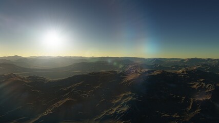 Exoplanet fantastic landscape. Beautiful views of the mountains and sky with unexplored planets. 3D illustration