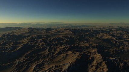 Exoplanet fantastic landscape. Beautiful views of the mountains and sky with unexplored planets. 3D illustration