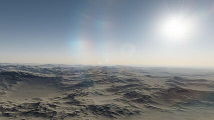 Exoplanet fantastic landscape. Beautiful views of the mountains and sky with unexplored planets. 3D illustration