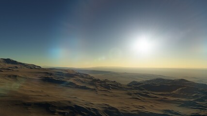 Exoplanet fantastic landscape. Beautiful views of the mountains and sky with unexplored planets. 3D illustration