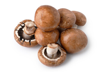 Wet mushrooms on a white background. Top view of brown champignons. Pile of mushrooms.
