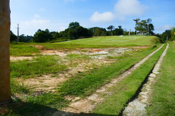 Football pitch at an angle with an extreme gradient, on a slope near the federal road between Manaus and the village Presidente Figueiredo, Amazon state, Brazil.