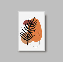 Botanical wall art abstract vector. Foliage line drawing. Neutral boho art print. Minimal mid century wall art print for bedroom decor. Gallery decor poster, terracota watercolor. Vector illustration