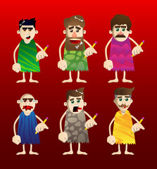 Cartoon prehistoric man writing with pencil. Vector illustration of a man from the stone age.