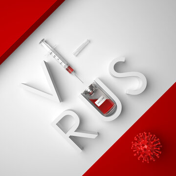 VIRUS word, a syringe as a letter I, a vaccine bottle and virus cells. Antiviral vaccination. 3D render medical background.