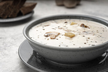 Vegetarian soup with mushrooms, nutmeg and coconut cream, close-up