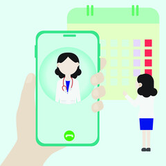 Illurstration of hand holding mobile phone appointment to see doctor, calendar on a background. 