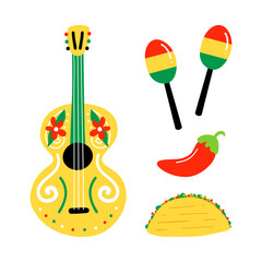 Set, collection of traditional mexican food and musical instruments. Guitar, maracas, taco and chili pepper vector cartoon style icons, illustration.