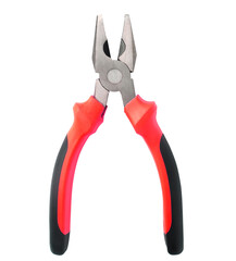 Close up new metal pliers, red and black rubber grip. Used for bending, cutting, clamping in electrical work. Repair or build. Isolated on white background. with clipping path.