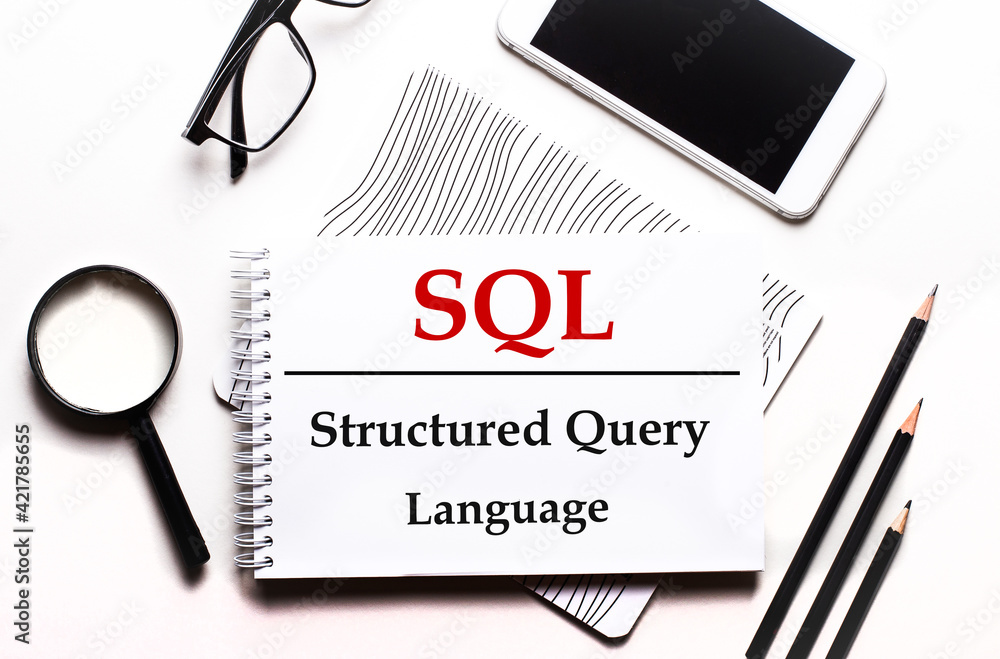 Poster on a white background glasses, a magnifier, pencils, a smartphone and a notebook with the text sql s