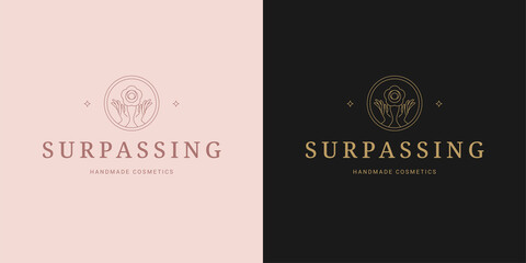 Female hand holding rose flower logo template linear vector illustration