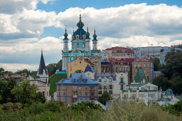 Fototapeta na wymiar View of the the St. Andrew's Church of the Castle Hill in Kyiv, Ukraine