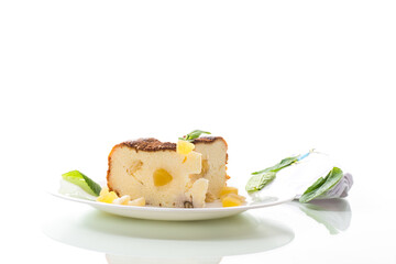 sweet baked cottage cheese casserole with nuts and candied fruits