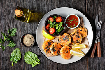 salmon and spinach fish cakes, top view