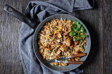 classic creamy mushroom risotto in a pan