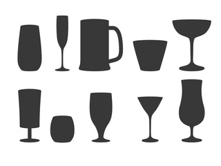 Silhouettes of various glassware isolated on white background. Vector illustration