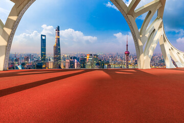 Walkway and city skyline in Shanghai.