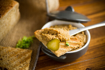 fried buckwheat croutons with cooked homemade pate