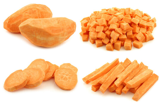 Sweet potato pieces on a white background