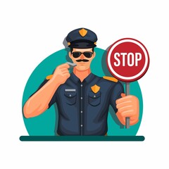 Police man gesture and holding stop sign avatar character mascot concept in cartoon illustration vector
