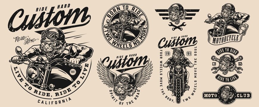 Tiger bikers monochrome emblems set