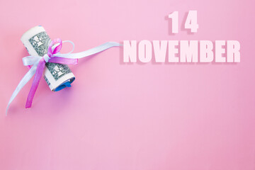 calendar date on pink background with rolled up dollar bills pinned by pink and blue ribbon with copy space. November 14 is the fourteenth day of the month