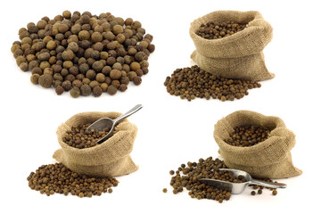 dried allspice(Jamaica pepper) and some in a burlap bag on a white background