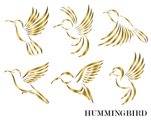 Line art Vector illustration six image set of flying golden hummingbirds. Suitable for making logos