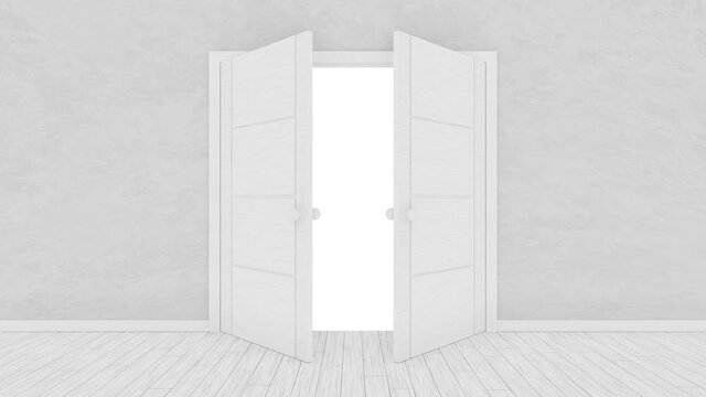 Realistic 3D animation of the white room doors opening rendered in UHD with alpha matte