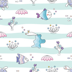 Sealife striped background. Sea fish characters cartoon seamless pattern.Textile for kids, notebook cover, wrapping paper. Vector