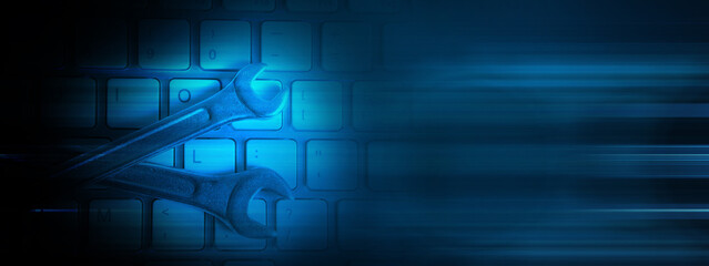 Electronic technical support concept. Wrenches