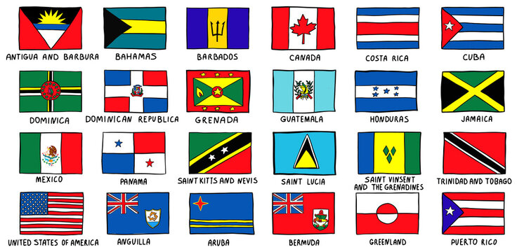 Sketch of Flags North America hand drawn doodle style. Vector illustration